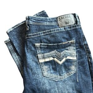 Salvage Mayhem Distressed Embroidered Dark Blue Jean Straight Regular Rock 44x33